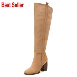Faux Suede Over The Knee Thigh High Boots Pointed Toe Chunky Block Heel